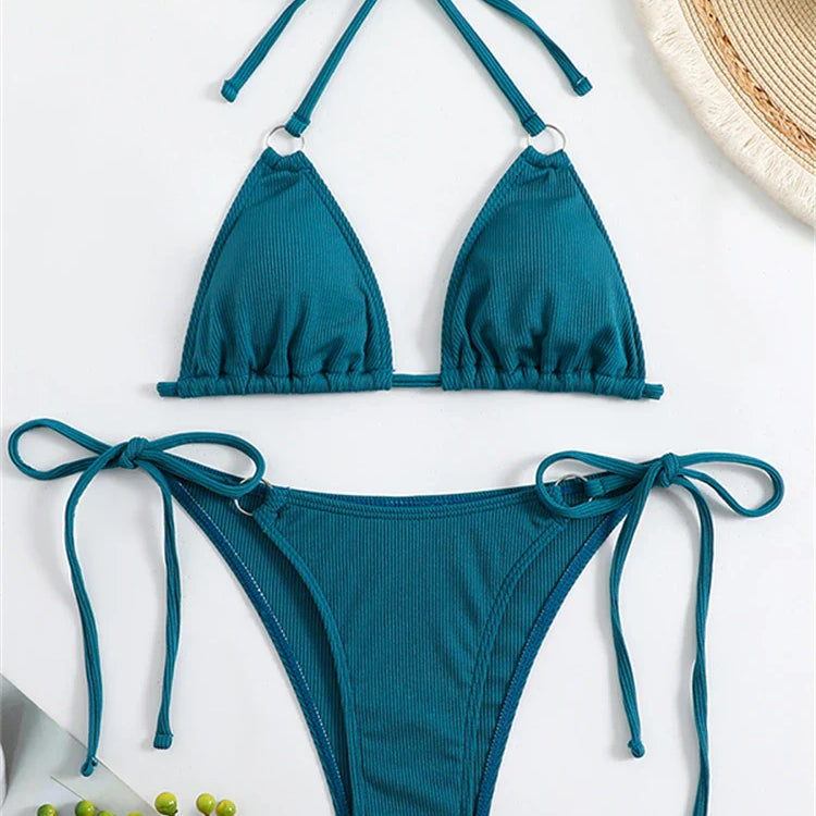 Bikini Women Swimsuit New Solid Ribbed Halter Bikinis Set Sexy Lace Up Swimwear Summer Two Piece Beach Bathing Suit Female Dark Green