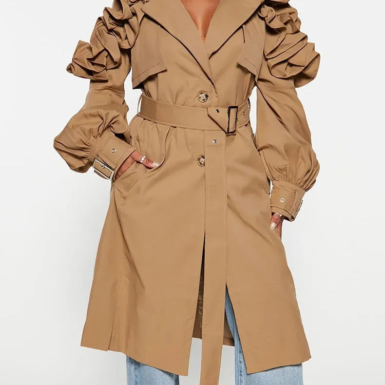 Casual Spliced Ruffles Trenches For Women Lapel Long Sleeve Patchwork Belt Vintage High Street Trench Female Style
