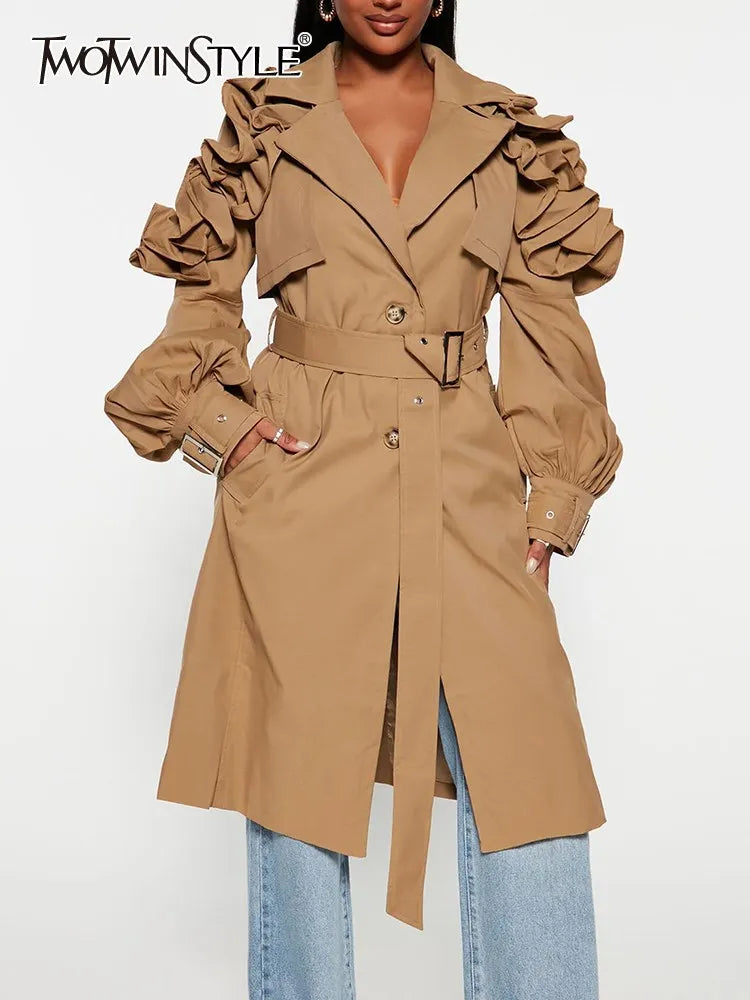 Casual Spliced Ruffles Trenches For Women Lapel Long Sleeve Patchwork Belt Vintage High Street Trench Female Style