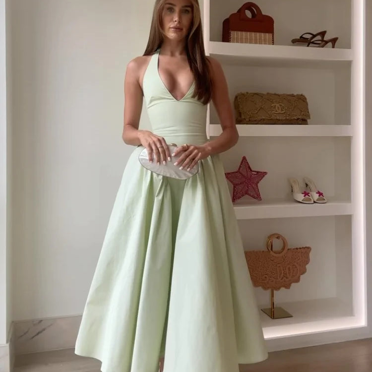 Elegant V Neck Green Long Dresses Women Fashion High Waist A-line Halter Midi Vestidos New Summer Lady Evening Party Dress 2025