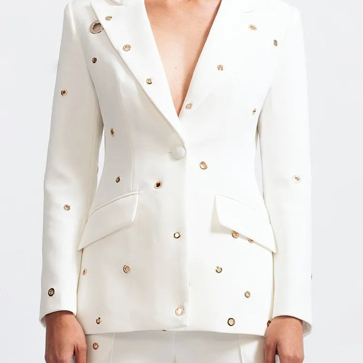 Casual Hollow Out Two Piece Sets For Women Notched Collar Long Sleeve Blazer High Waist Pant Loose Set Female Style