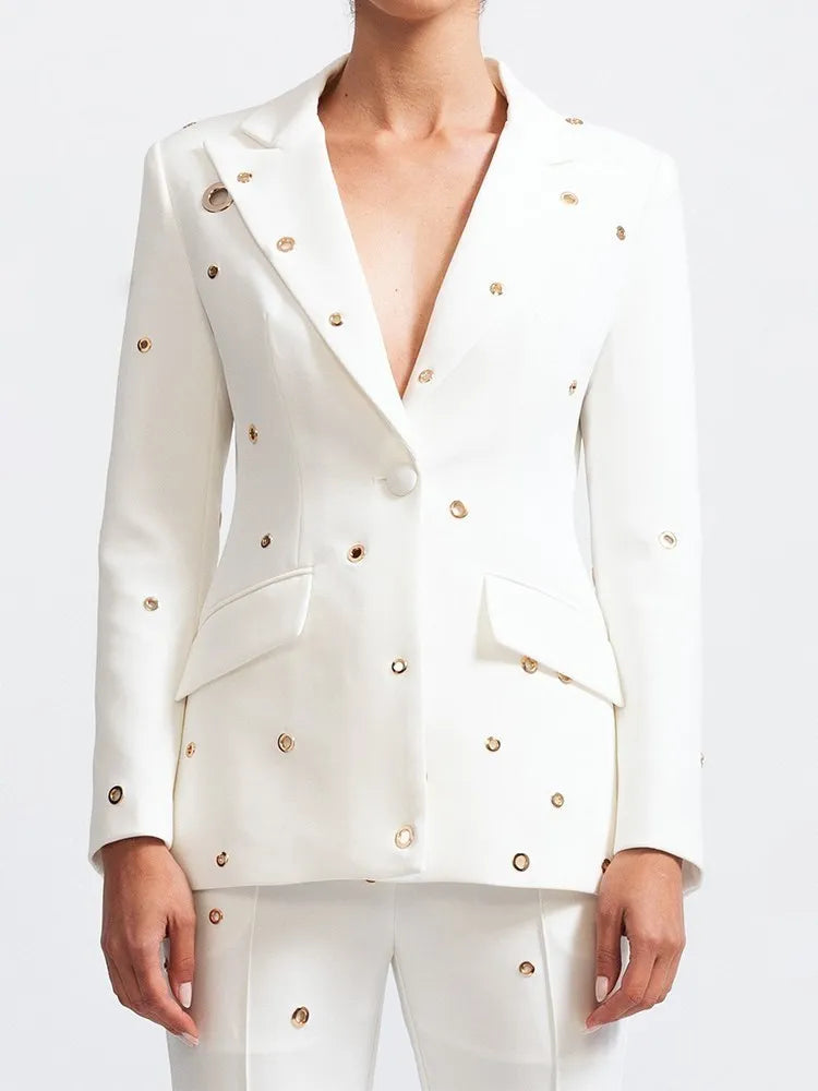 Casual Hollow Out Two Piece Sets For Women Notched Collar Long Sleeve Blazer High Waist Pant Loose Set Female Style