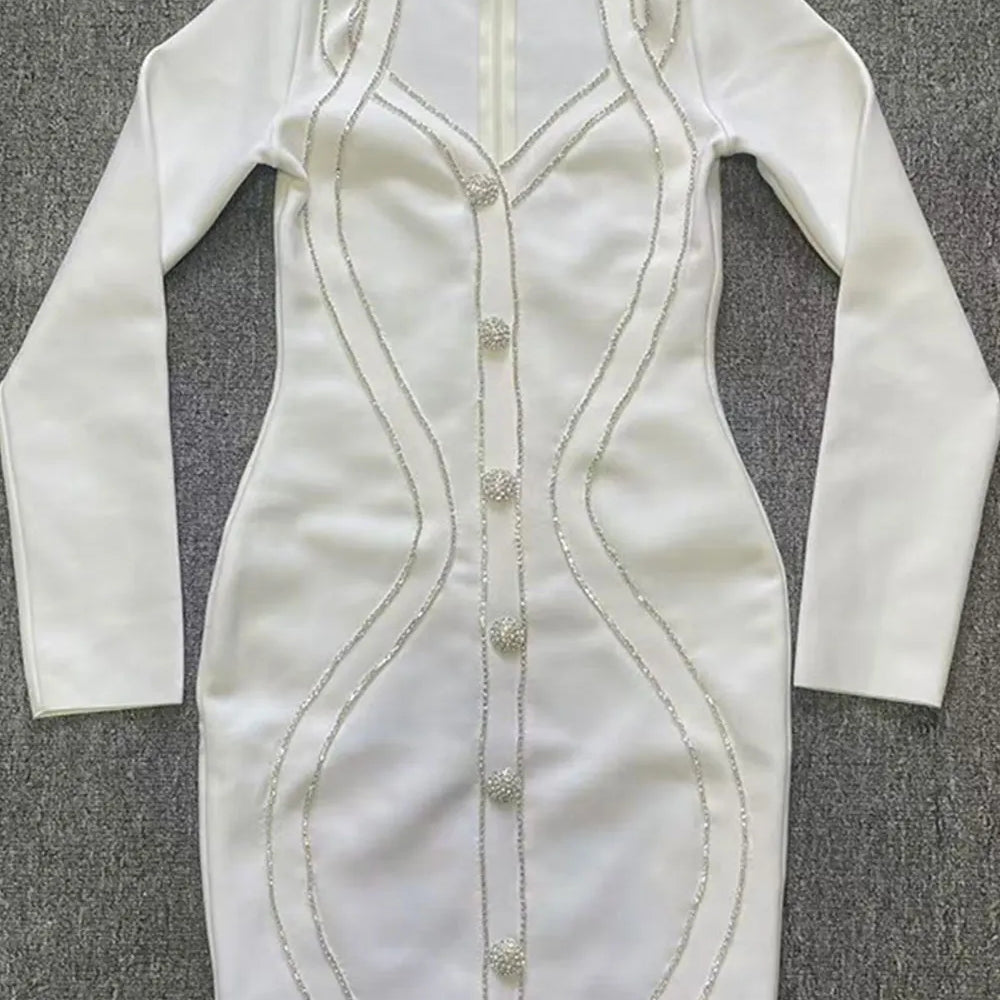 2025 Spring Elegant Women Diamond Set Bandage Dress V-neck Long Sleeve Bodycon Single breasted Mini Dress Evening Party Vestidos WHITE