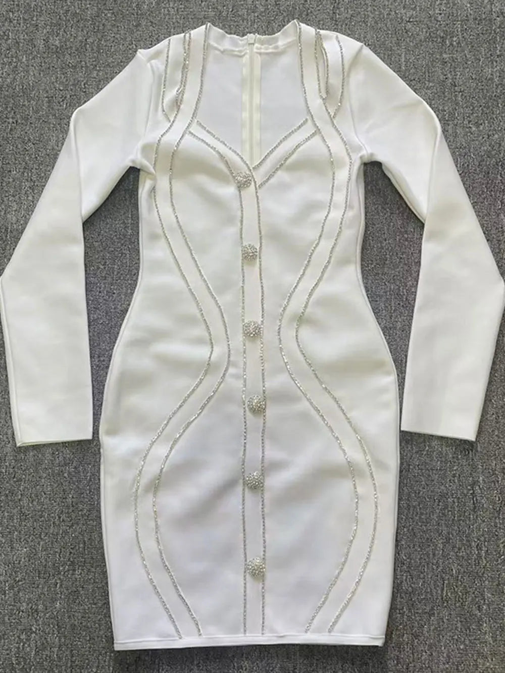 2025 Spring Elegant Women Diamond Set Bandage Dress V-neck Long Sleeve Bodycon Single breasted Mini Dress Evening Party Vestidos WHITE