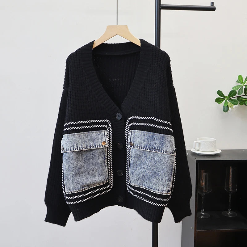 Autumn Winter New Design Patchwork Denim Pocket Knitted Cardigan For Women Loose Sweater Jacket Female Trendy 11A07745 Black One Size
