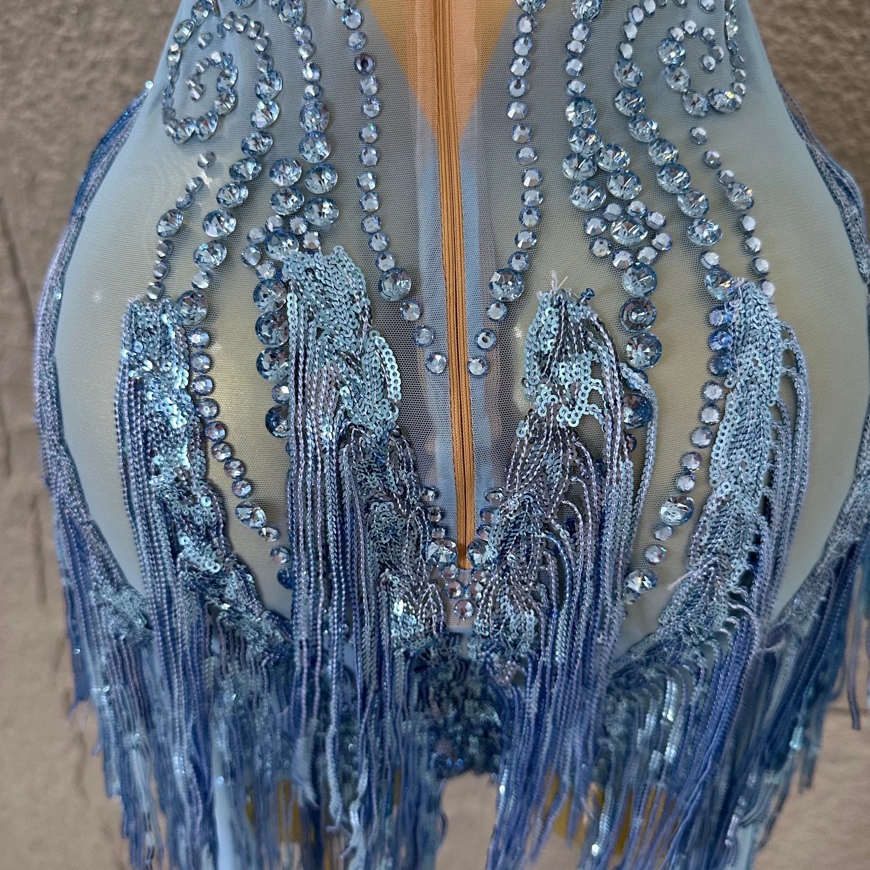 Refined Blue Spaghetti Strap Mini Dress Women Sheer Mesh Rhinestone Fringe Embellished Latin Dance Performance Costume