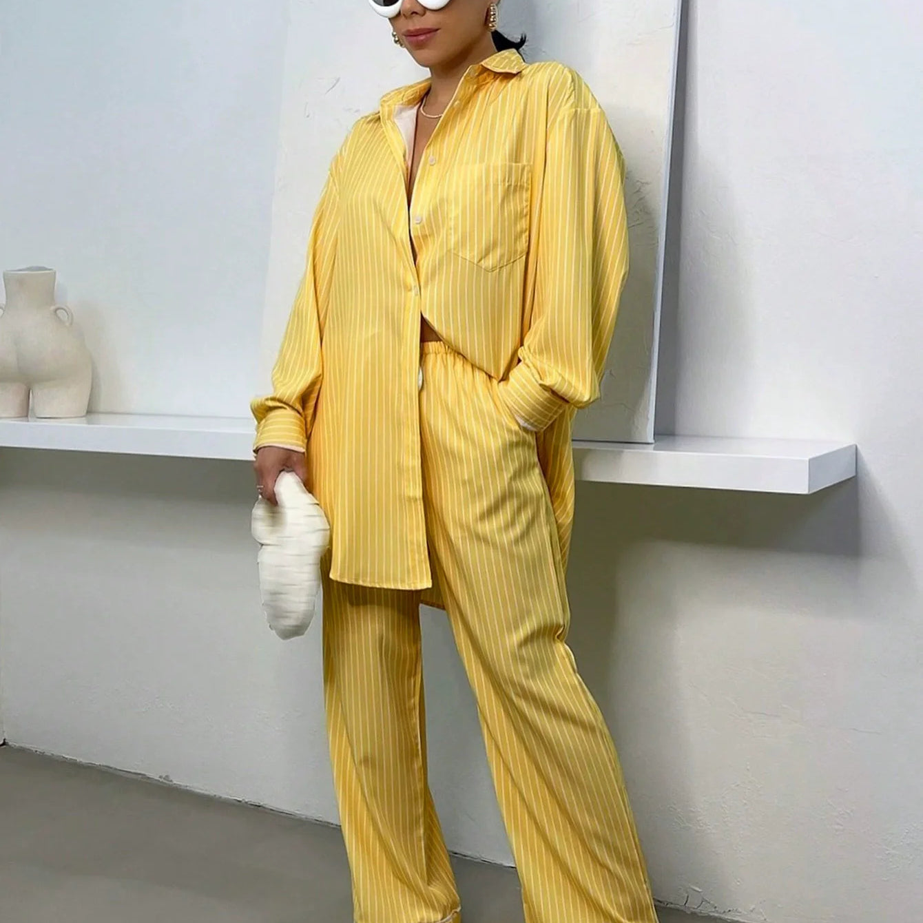 Fashion Striped Women's Set Long Sleeve Blouse Shirt Top and Wide Leg Pants 2025 Chic Two 2 Piece Sets Outfits Tracksuit