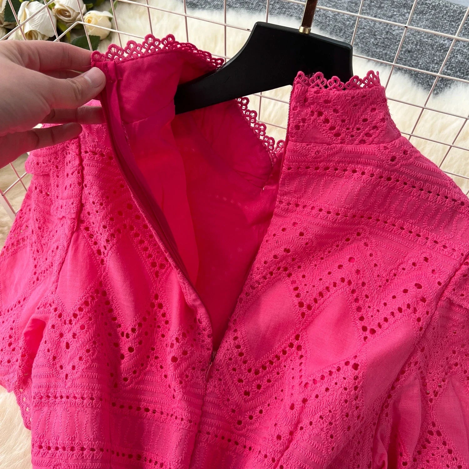 French Vintage O-neck sashes Hook flower hollow Short Sleeves Single Breasted Dress A-line Casual Women Fashion women clothing