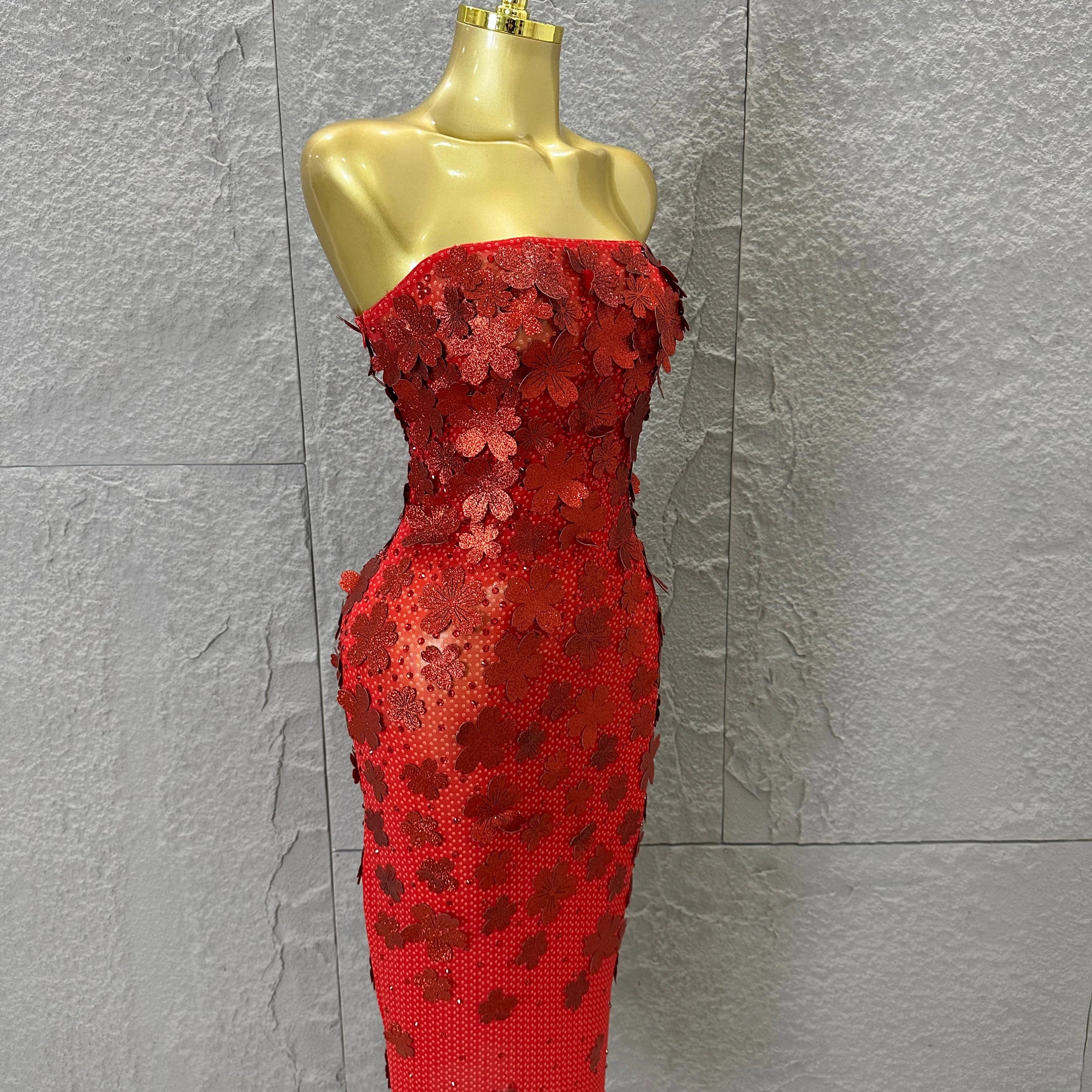 Sparkly Women Sexy Strapless Slim-fit 3D Flower Evening Gala Party Nightclub Cocktail Party Stage Performance Costume