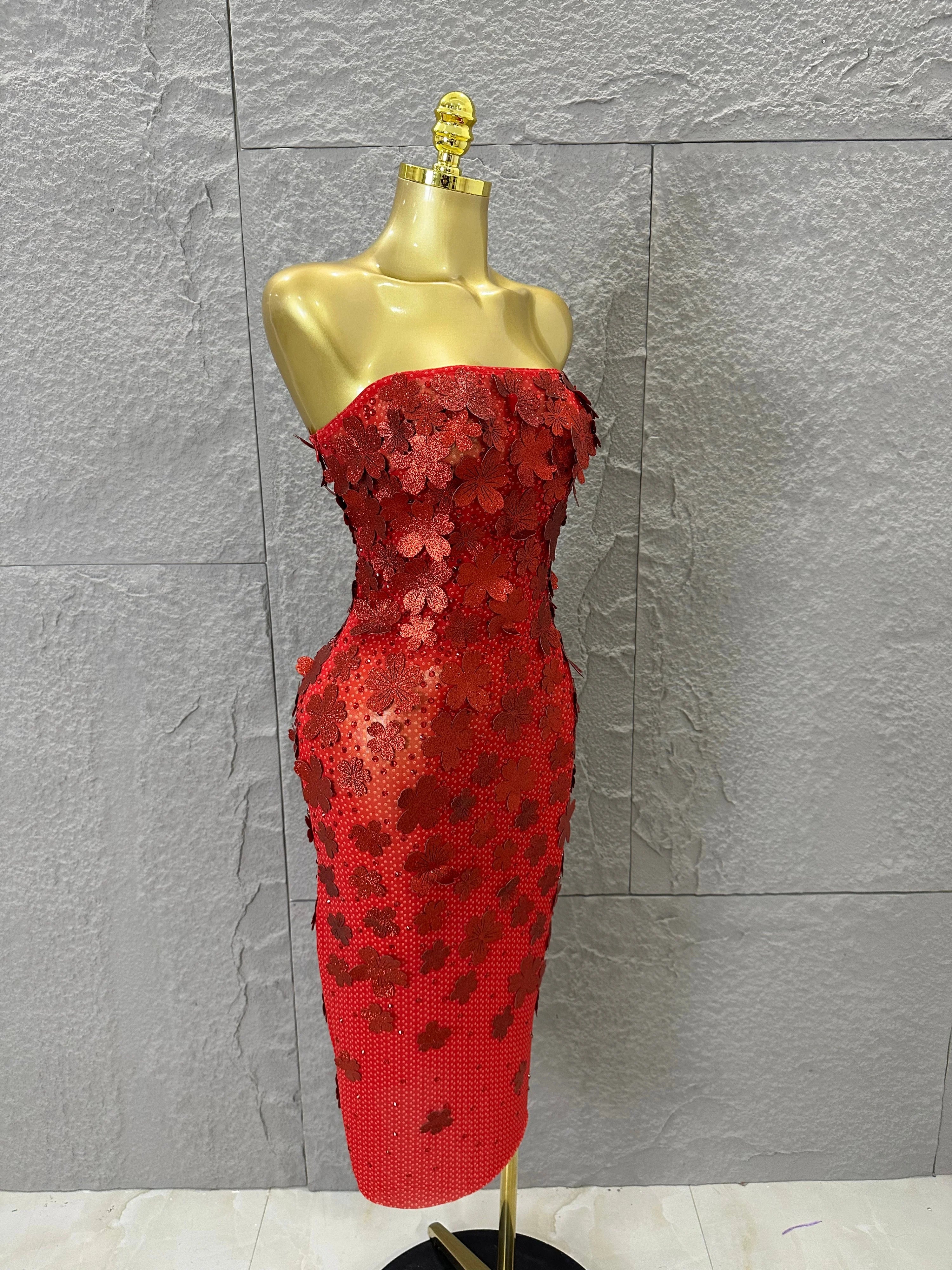Sparkly Women Sexy Strapless Slim-fit 3D Flower Evening Gala Party Nightclub Cocktail Party Stage Performance Costume