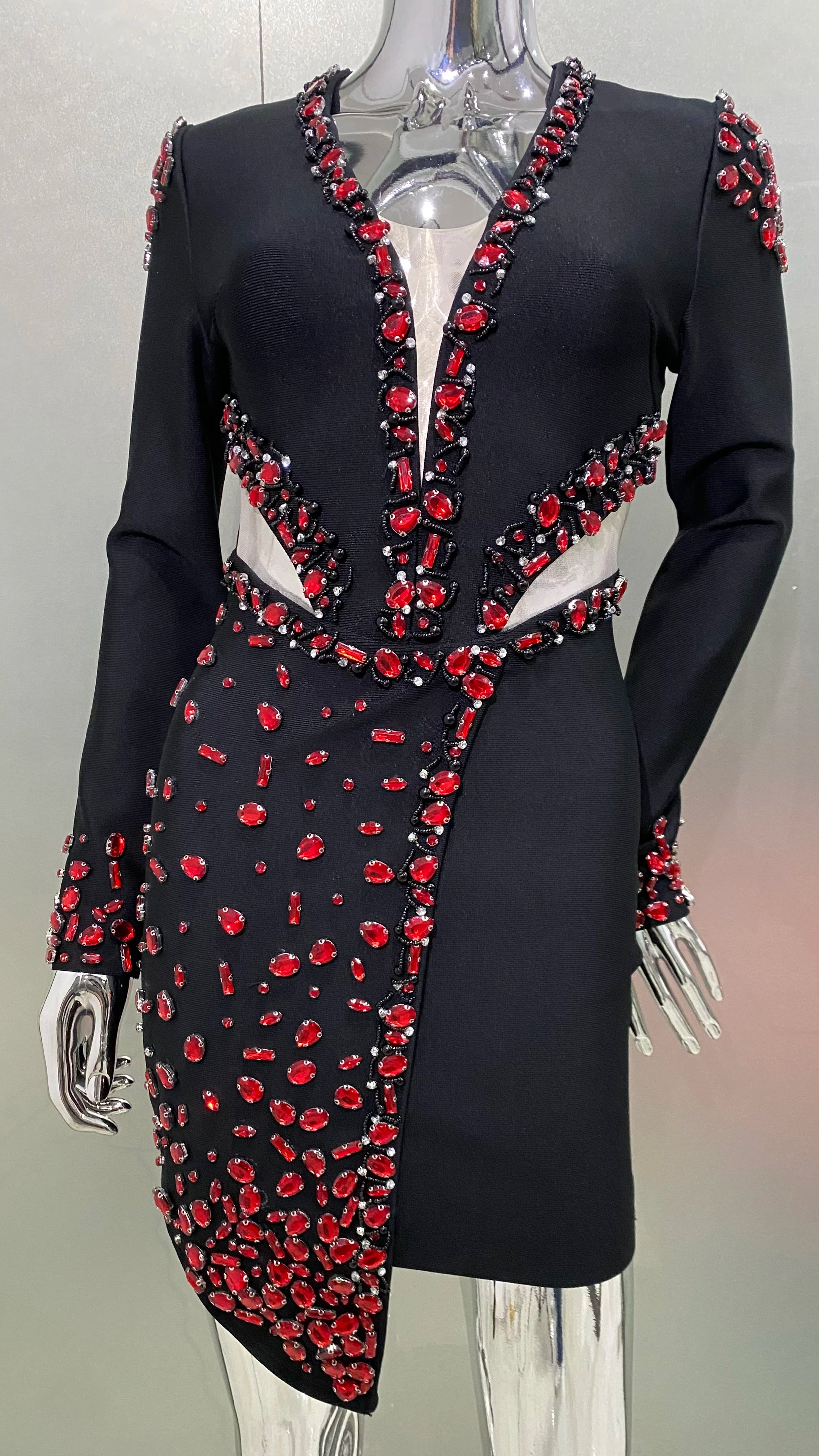 STOCK Red Diamonds Beading Sexy Hollow Out Black Mini Bandage Dress Luxury Woman Evening Party Dress Birthday Party Outfit