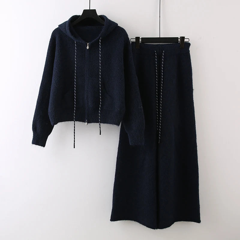 Autumn Winter New Fashion Casual Suit For Women Hooded Sweatshirt Knitted Sweater Coat Wide-Leg Long Pants 11A07839 Navy Blue One Size