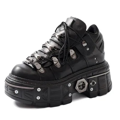 2025 Women Ankle Boots for Woman's Thick Bottom Lace-Up Metal Decoration Round Toe Platform Shoes Ladeis Punk Gothic Sneakers black human skeleton