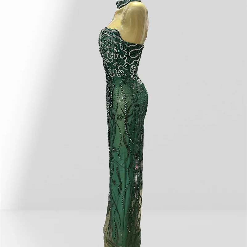 Luxury Green Women Gown Dress Celebrity Birthday Vestido Sparkling Diamond Pearl Beading Sequin Embroidery Floor Length Dress