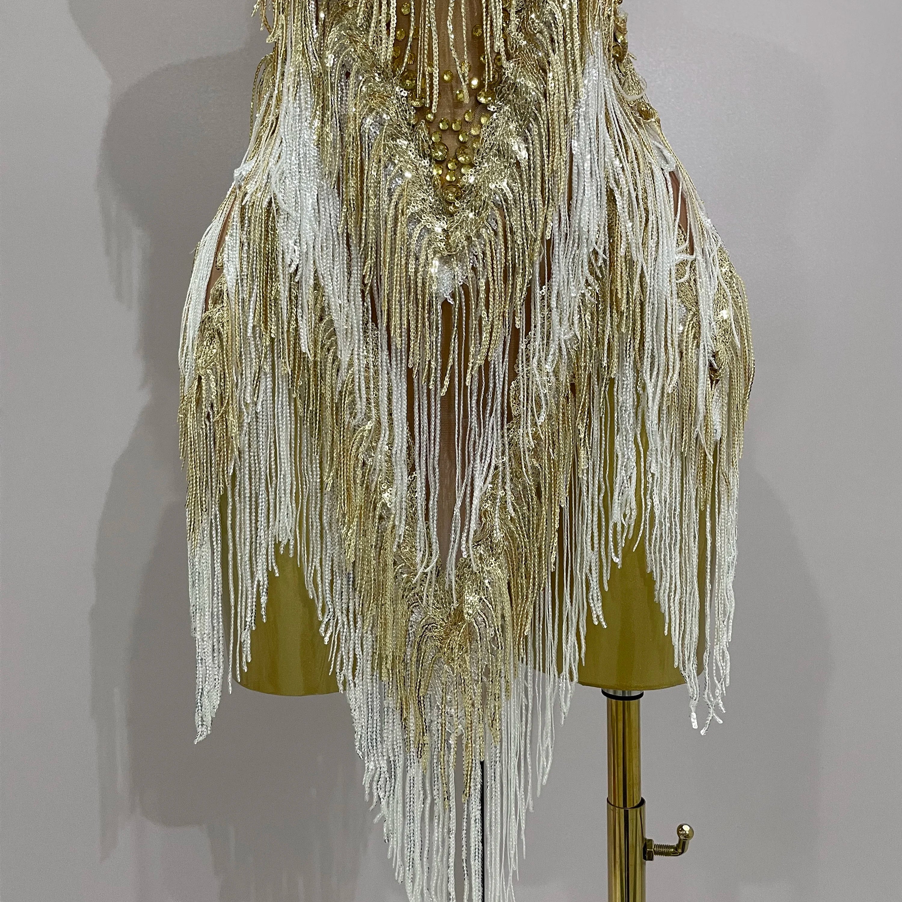 Women Sexy Stretch Mesh Sparkly Rhinestone Tassels Mini Dress Nightclub Singer Dance Stage Costume Evening Gowns