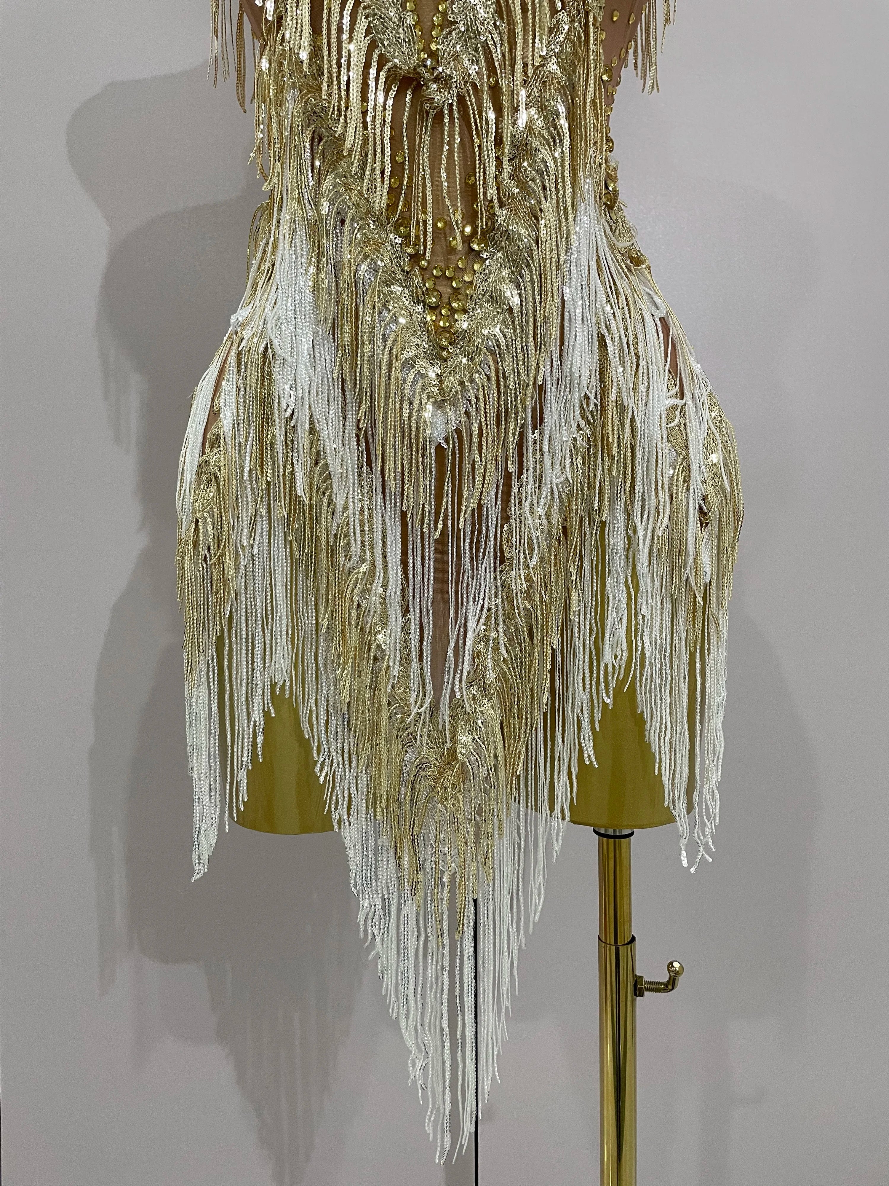 Women Sexy Stretch Mesh Sparkly Rhinestone Tassels Mini Dress Nightclub Singer Dance Stage Costume Evening Gowns