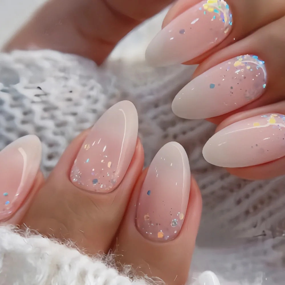 24Pcs Gradient Oval Fake Nails French Short Almond Glitter Nail Tips Art Pink Lovely Wearable Fashion Simple Nails Set Press On 1