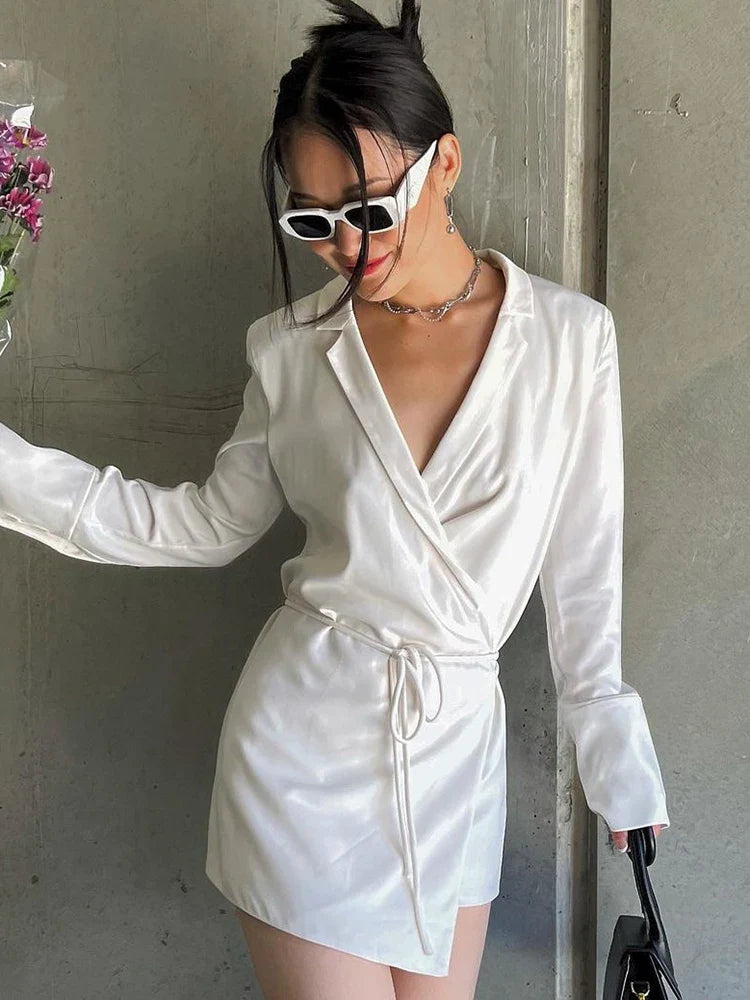 Julissa Mo Black Satin V-Neck Shirt Dress Women Spring Flare Sleeve Lace Up Mini Dresses Elegant Ladies Party Vestidos