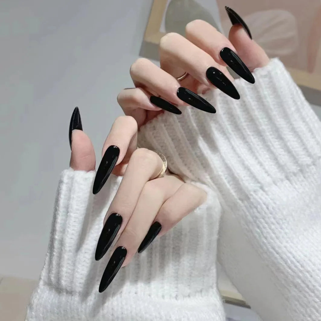 24Pcs Black French Simple Gradient Nail Art Set with Glue Mid-length Almond Fake Nails Wearable Fashion Glossy Acrylic Nail Tips 5