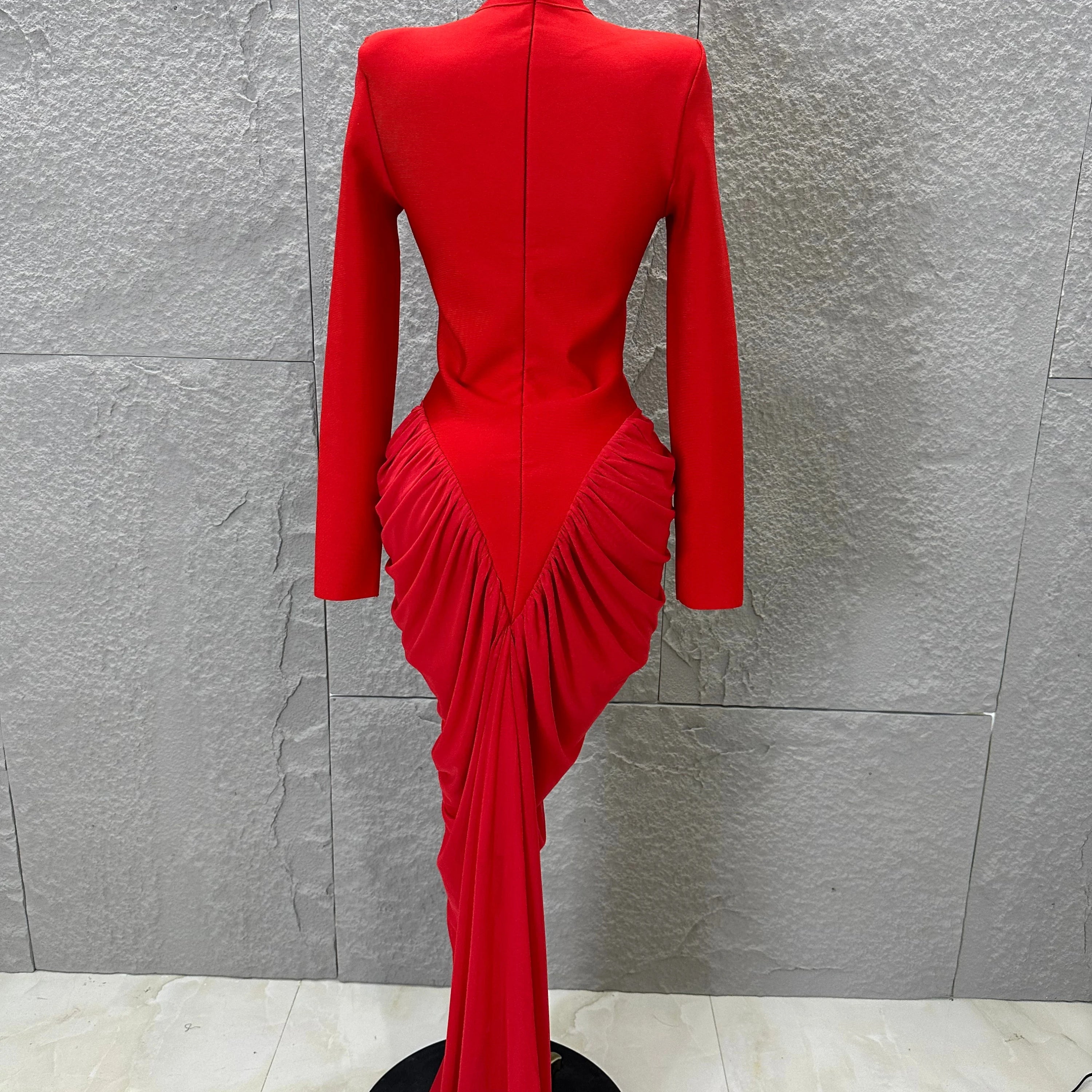 Glamorous Red Long Sleeve Maxi Dress Women High Neck Ruched Draped Bodycon Nightclub Outfit Cocktail Party Costume