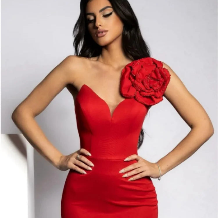 2024 New Summer Women Sexy Rhinestones Florals One Shoulder Sexy Bodycon Long Dress Birthday Fashion Cocktail Party Dress