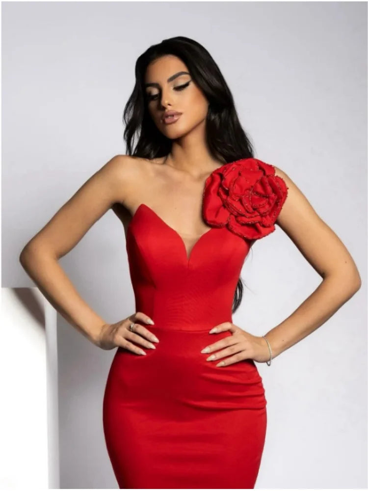 2024 New Summer Women Sexy Rhinestones Florals One Shoulder Sexy Bodycon Long Dress Birthday Fashion Cocktail Party Dress