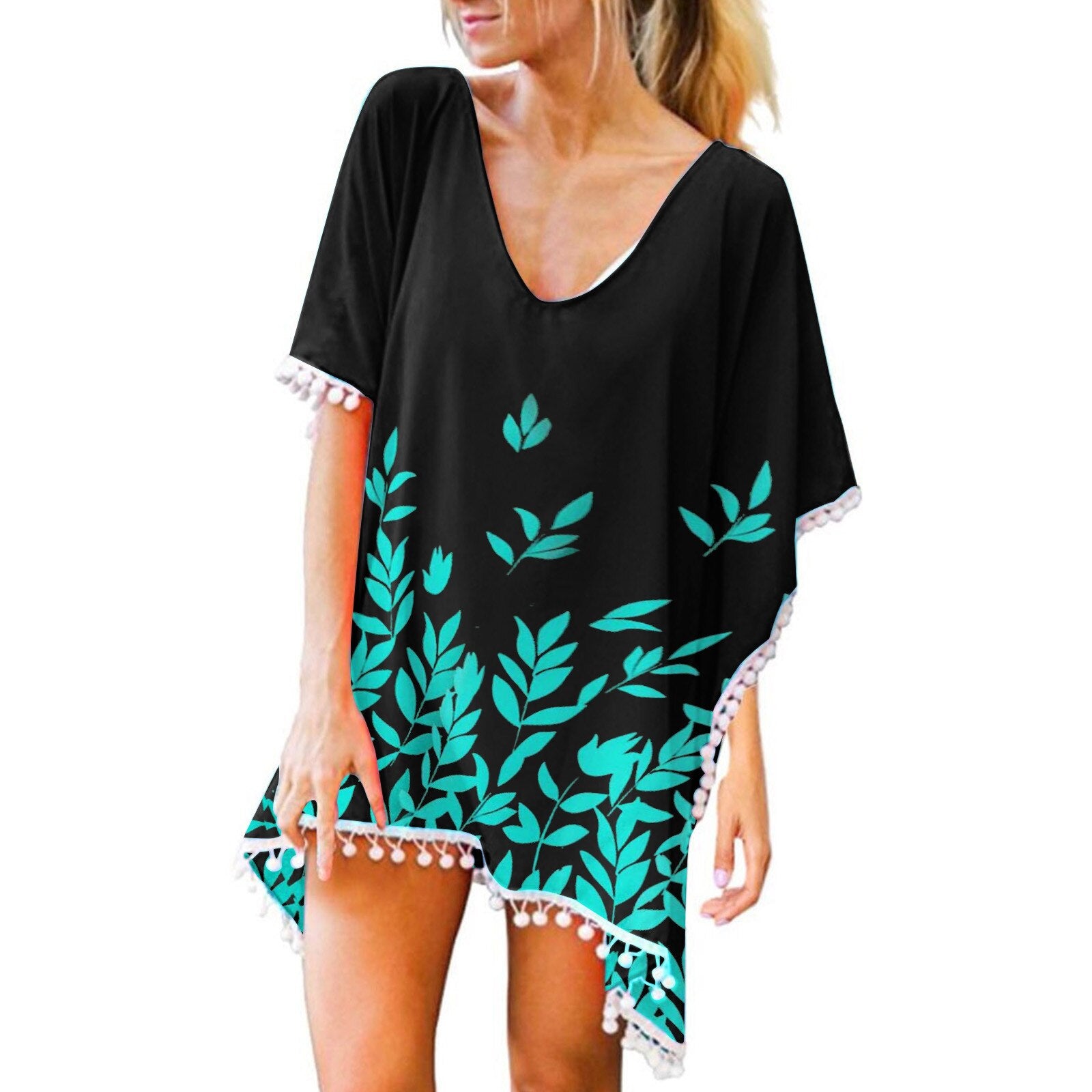 Swimsuit Dress Trim Kaftan Chiffon Tassels Swimwear Beach Dress Loose Bikini Cover Up Tops Bathing Suit Sexy Pareo Green