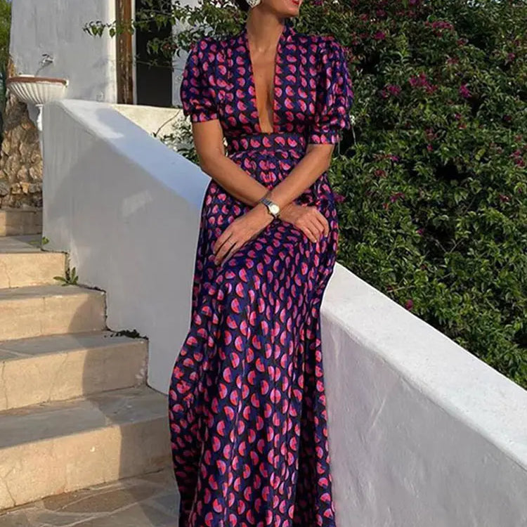Fashion Deep V-neck Printed Pockets Long Dresses For Women Elegant Short Sleeved A-line Dresses Summer Female Party Evening Robe