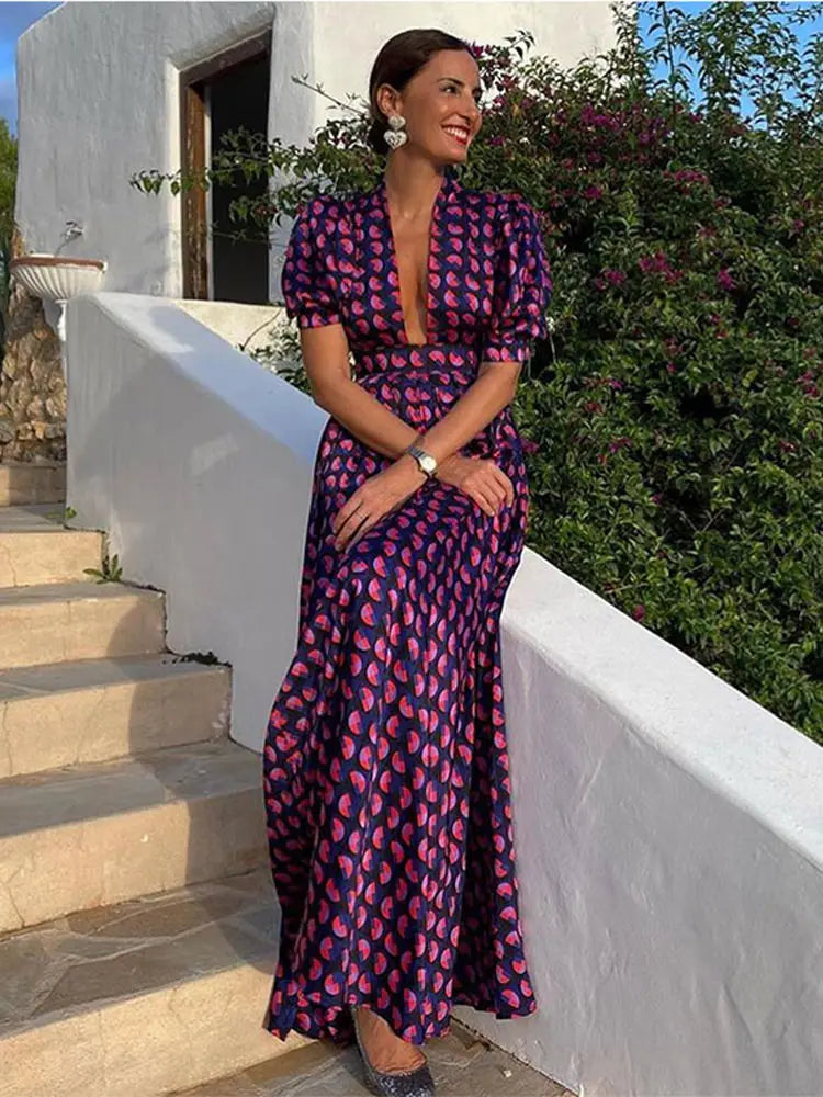 Fashion Deep V-neck Printed Pockets Long Dresses For Women Elegant Short Sleeved A-line Dresses Summer Female Party Evening Robe