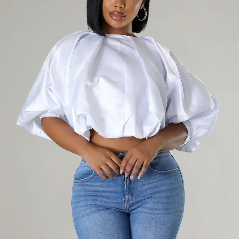 Summer Street Women Shirts Fashion Ruched Short Puff Sleeve Mini Blouse 2024 Street Print Casual Holiday Shirts Tops