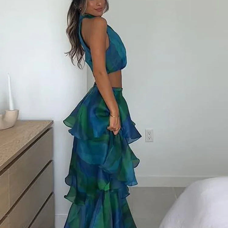 Printed Halter Top & Ruffles Dresses Waist Patchwork Fashion Crop Pullover Long Skirts Spring Summer Holiday Dress Bohe
