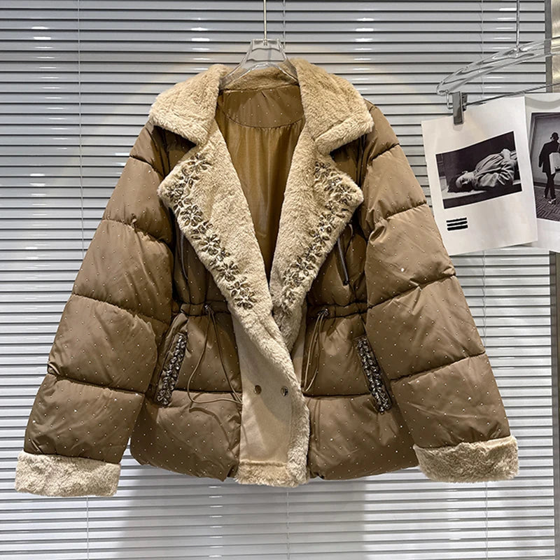 Winter New Fashion Elegant Rhinestone Fleece Drawstring Waist Warm Coat For Women Cotton-padded Jacket Female 11A07514 Brown One Size