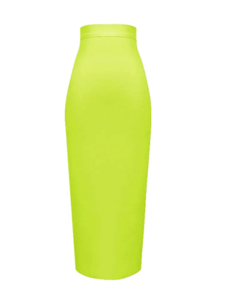 Women Candy Color Sexy Neon Green Pink Orange Yellow Pink Midi Knee Length Bandage Skirt Designer Pencil Skirt Faldas 78cm 666-Neon Green