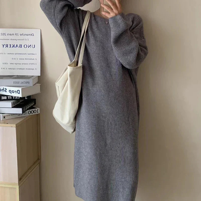 Winter Casual Long Knitted Sweater Dress Elegant New Solid Crew-neck Furry Pullover Dress Women Long Sleeve Party Dress 04 Grey One Size
