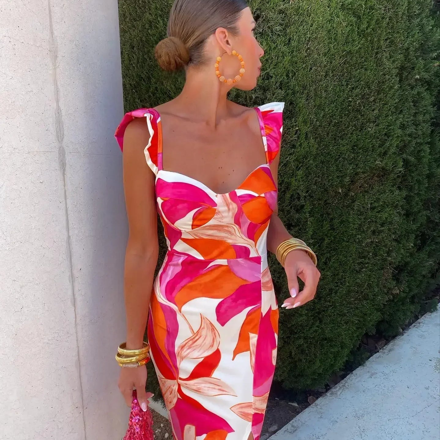 Fashion Print Fly Sleeve Midi Dress For Women Elegant Square Neck Sheath Split Dresses Female Vintage High Street Vestidos Beige