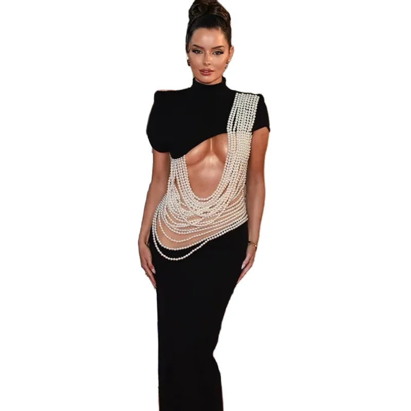 Pearl String Sexy Hollow Out Black Velvet Long Dress Elegant Woman Evening Party Dress Red Carpet Goddess Vestido