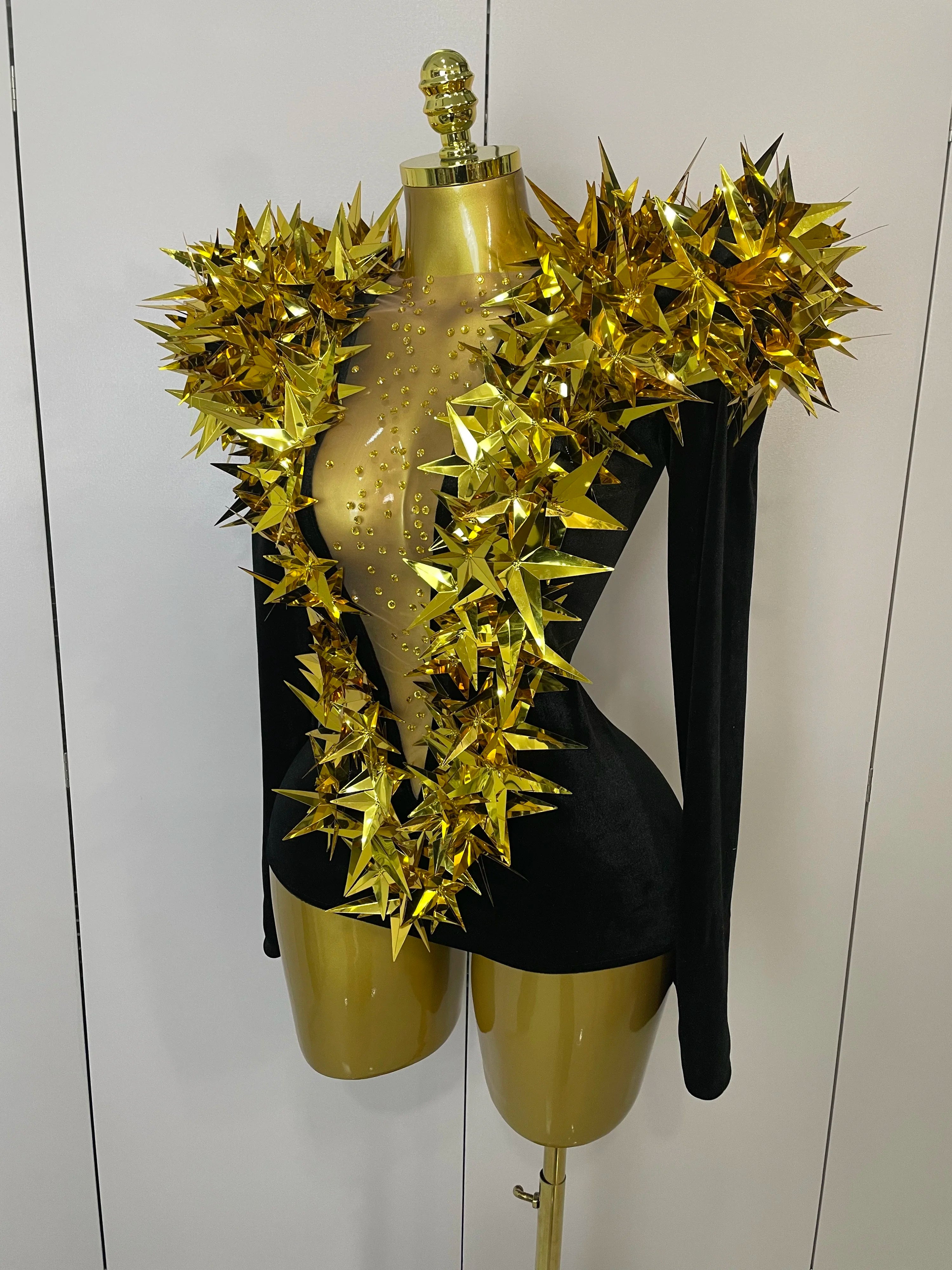 Shiny Gold Rhinestone Black Velvet Long Sleeve Bodysuit 2025 Women Evening Party Club Gala Hosts NightClub Bar Stage Costumes