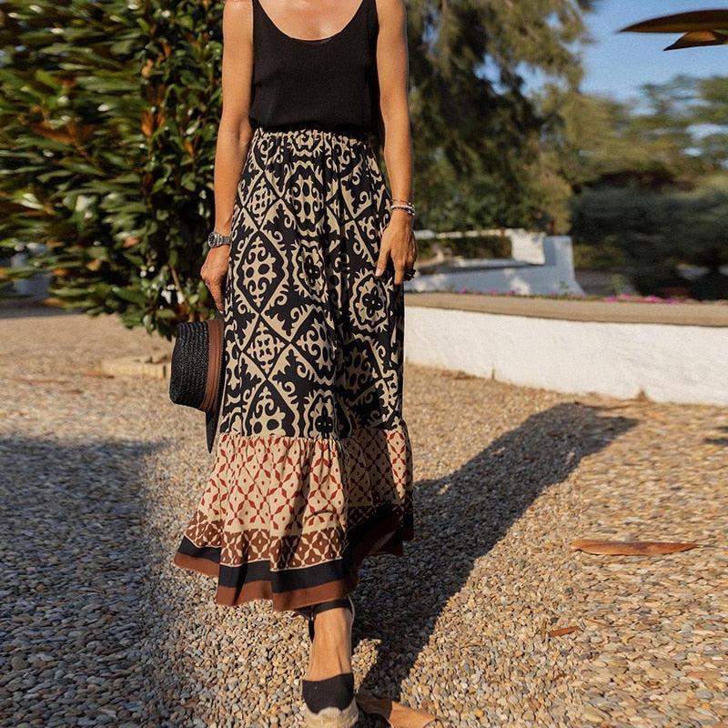 Women's Fashion Skirt 2024 Summer New Commute Geometric Pattern Printing Ruffle Sleeve Loose Stitching Large Swing Women’s Skirt