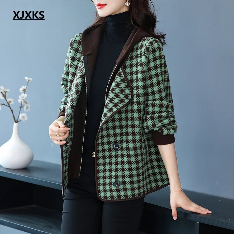 XJXKS 2024 Winter New Fake Two Pieces Splicing Women's Jacket Zip Cardigan Coat Comfortable Warm Hooded Wool Chaquetas