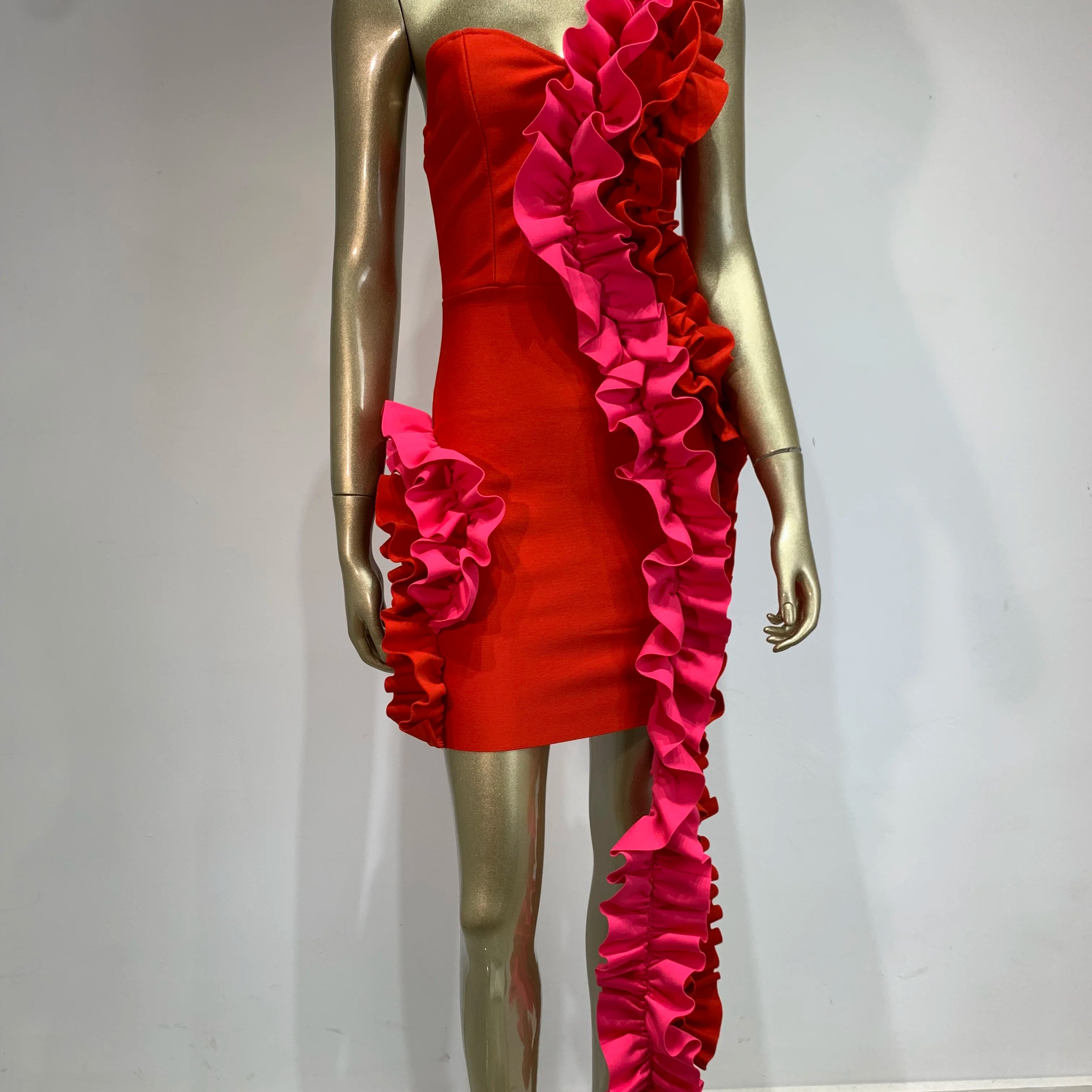 Women Summer Bandage Dress 2024 Women Celebrity Sexy One Shoulder Ruffles Red Bodycon Elegant Evening Club Party Dress