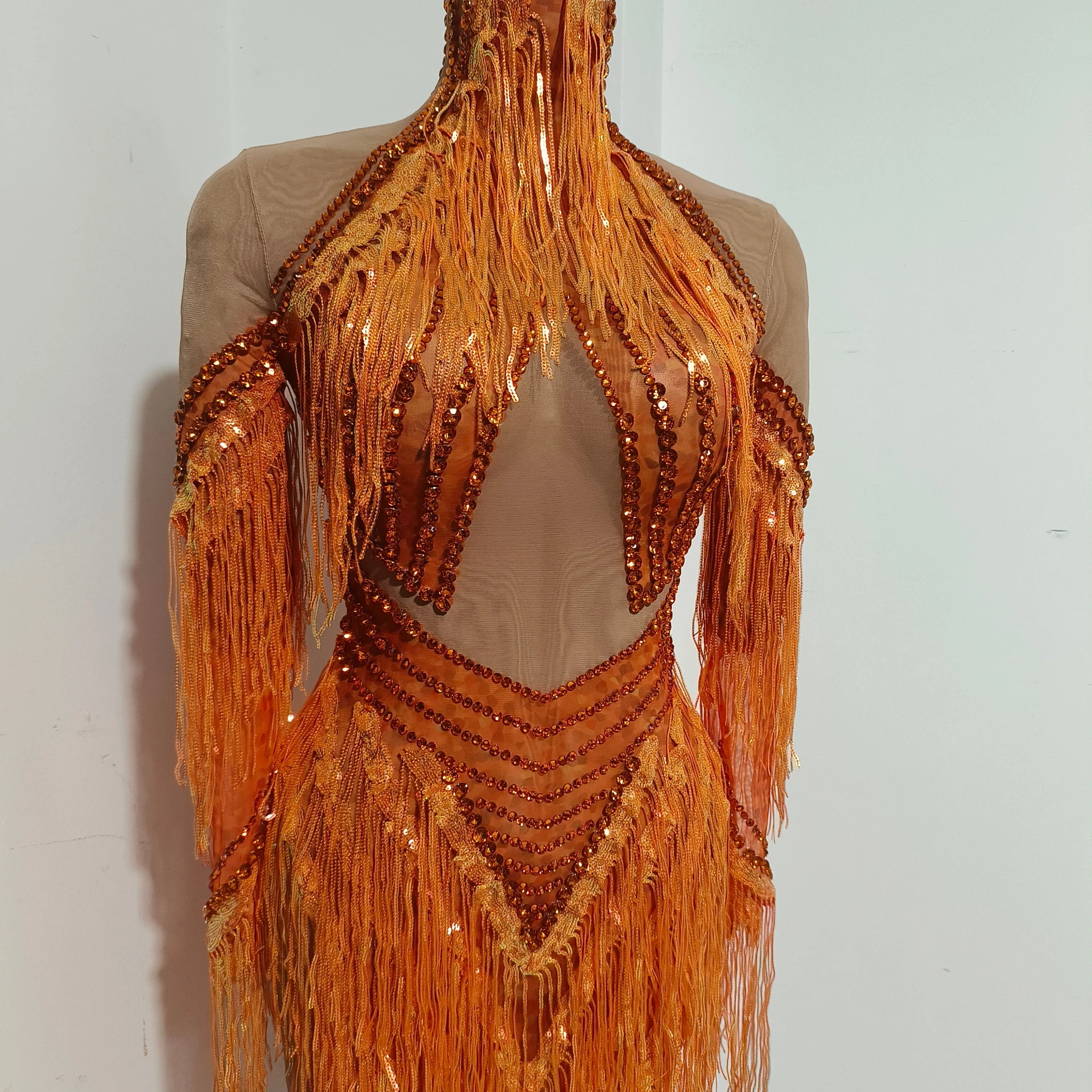 Sparkly Orange High Neck Dress Women Sheer Mesh Rhinestone Fringe Embellished Latin Dance Performance Costume