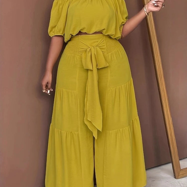 Plus Size Summer 2 Two Piece Set Women Casual Fashion Ladies Cropped Blouses Wide Leg Loose Pleated Woman Long Pant