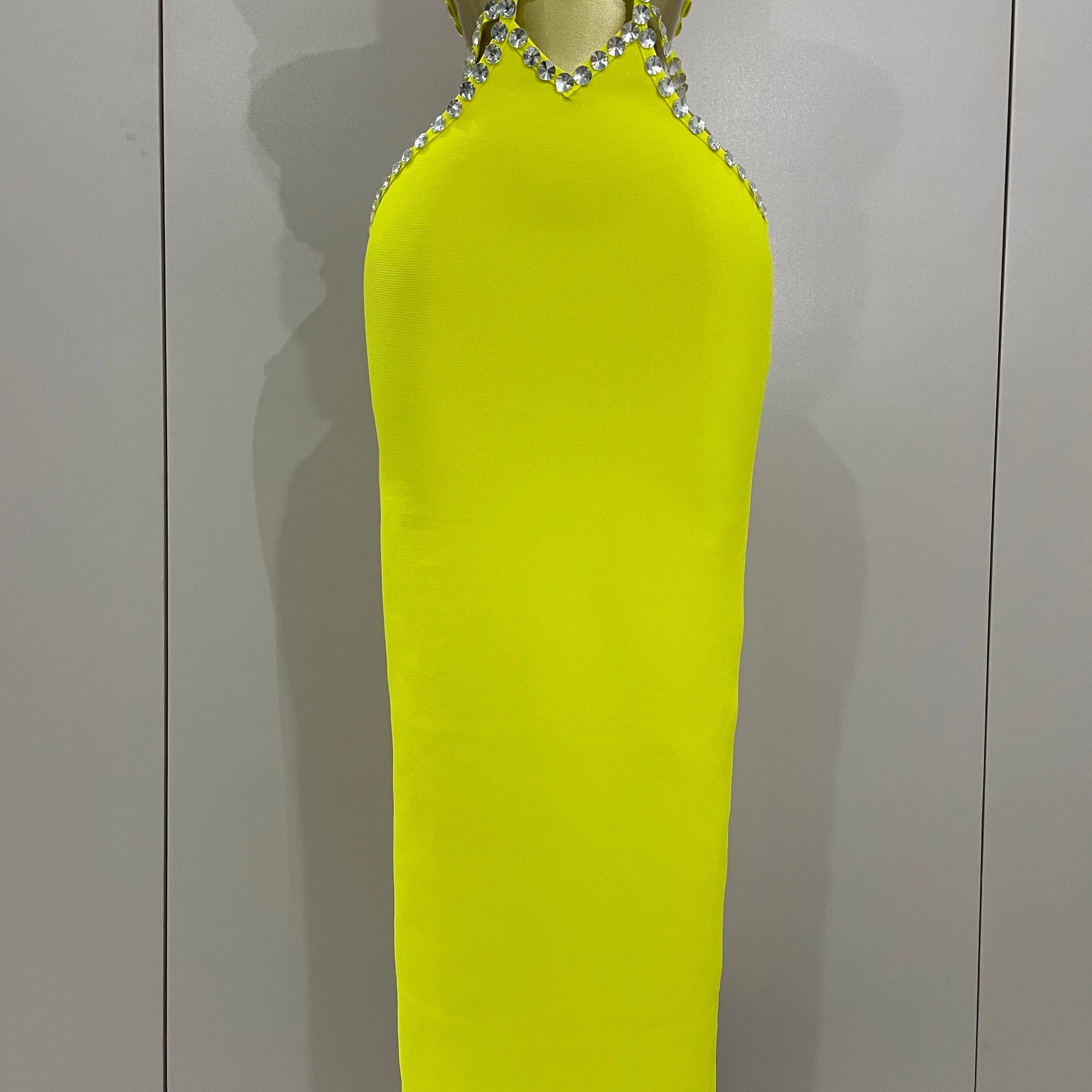 Luxury Sexy Backless Halter Beading Maxi Long Lemon Yellow Bandage Dress 2025 Women Elegant Evening Club Birthday Party Dress
