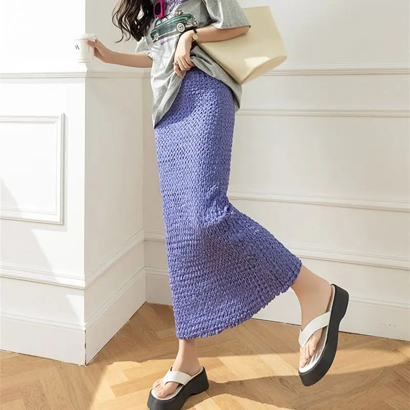 Elegant Slim Pencil Midi Long Skirt for Women 2023 Spring Summer Vintage Fold Solid High Waist Midi Skirt Female Streetwear P452