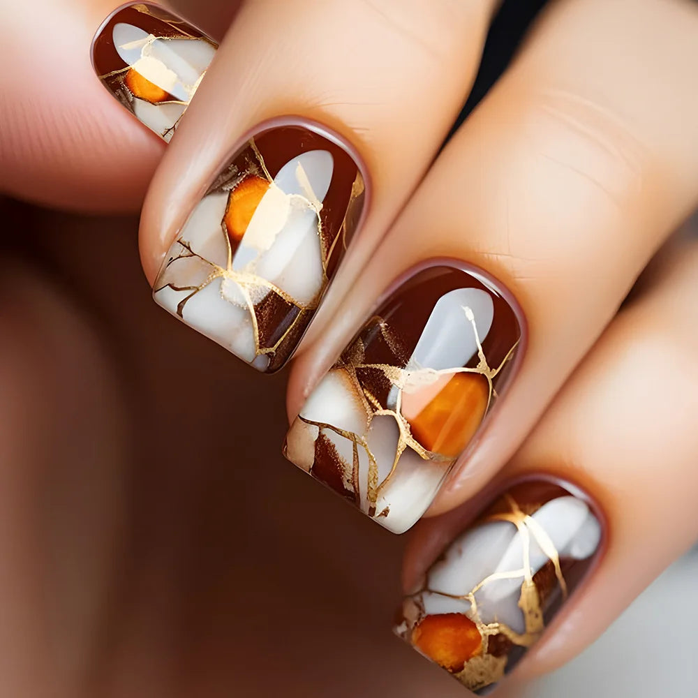 24Pcs Fashion Fake Nails Tips Marbling Design Short Square Head Press on False Nails Retro Brown Wearable Nails Set Manicure 1735