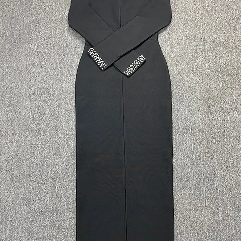 2024 Sexy Women'S Light Luxury Crystal Pearl Design Bandage Dress O-Neck Off Shoulder Long Sleeved Bodycon Christmas Long Dress