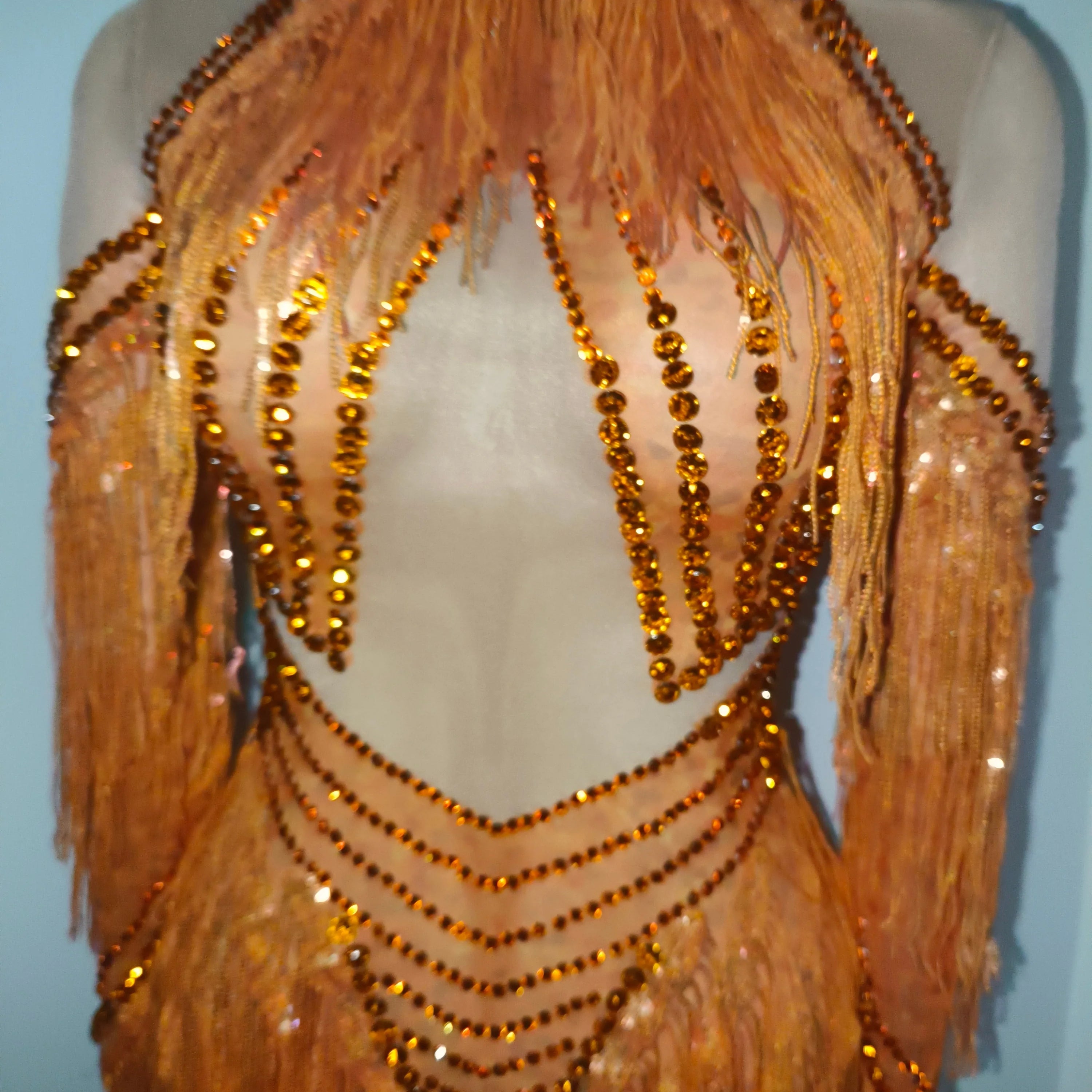 Sparkly Orange Rhinestone Fringe High Neck Dress Women Sheer Mesh Embellished Latin Dance Performance Costume