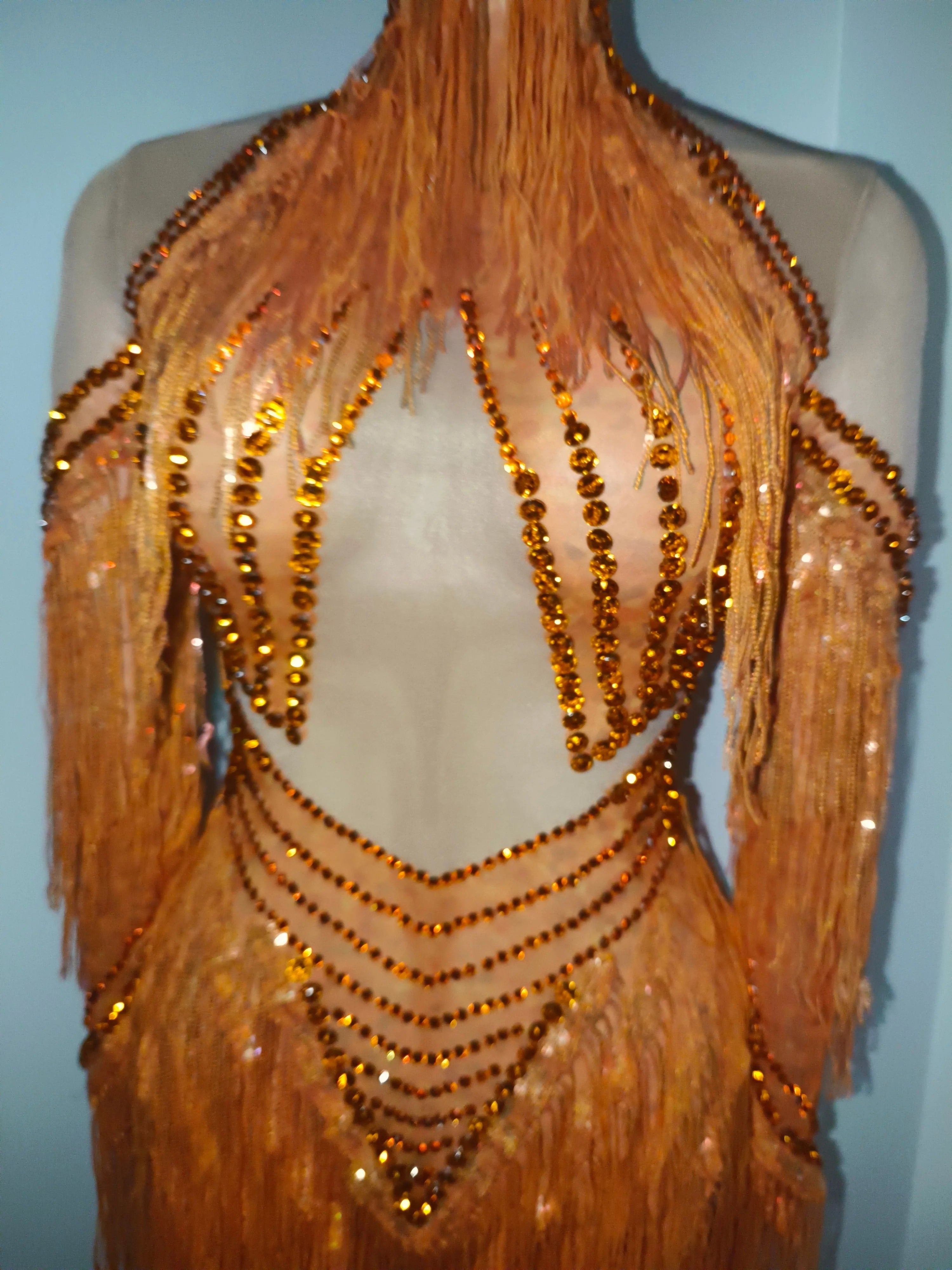 Sparkly Orange High Neck Dress Women Sheer Mesh Rhinestone Fringe Embellished Latin Dance Performance Costume