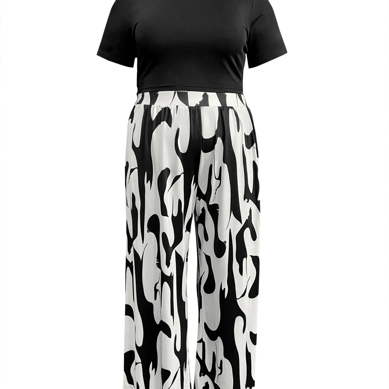 LW Plus Size Two pieces sets Round Neck Print Wide Leg Pants Set short sleeve T-shirt + loose pants suit casual women's matching