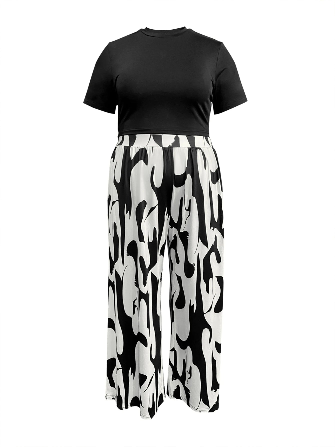 LW Plus Size Two pieces sets Round Neck Print Wide Leg Pants Set short sleeve T-shirt + loose pants suit casual women's matching